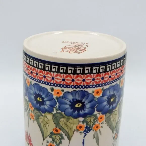 Zaklady Pottery Blue Floral Butterfly Kitchen Countertop Utensil Holder Crock 7